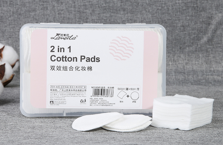 Wholesale organic cosmetic cotton pads efficient makeup remover 50 pieces round pads and 500piece rectangle pads