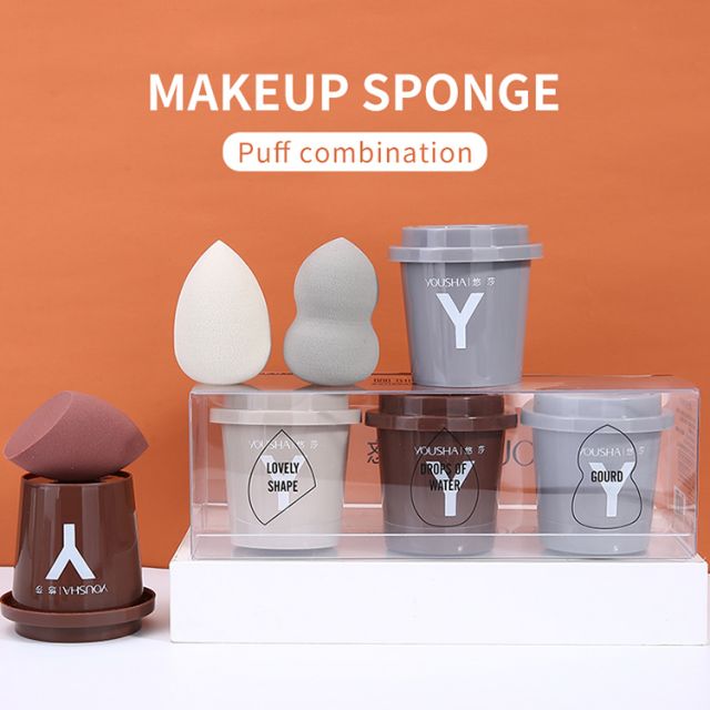 Yousha 3 In 1 Soft Different Shape Wet And Dry Dual Use Powder Puff Makeup Sponge Blender Set With Cap Case Storage Box Yf207