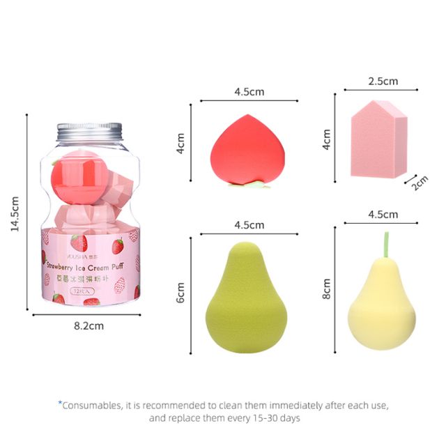 Yousha Beauty Tools Sponge Customized Logo 12pcs Fruit Shape Super Soft Latex Free Polyurethane Microfibre Makeup Sponge Yf208