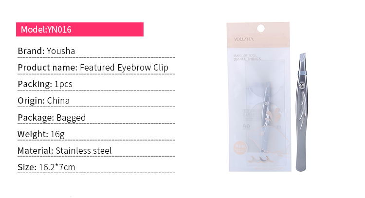 Yousha factory cosmetic eyebrow remover tools sliver eyebrow clip stainless steel slant eyebrow tweezers YN016