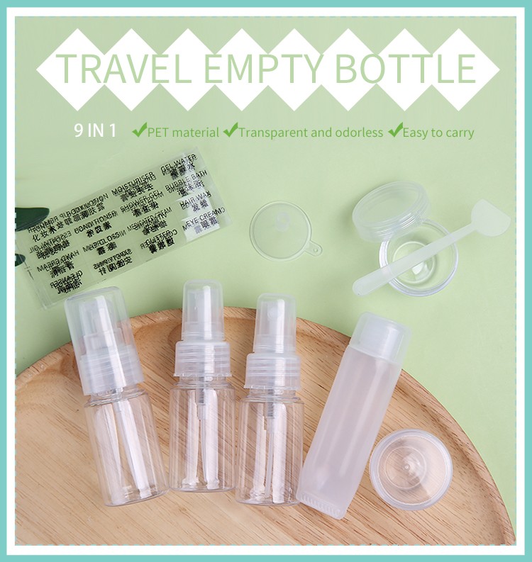 9 In 1 pet empty bottle packaging transparent travel plastic cosmetic bottles set