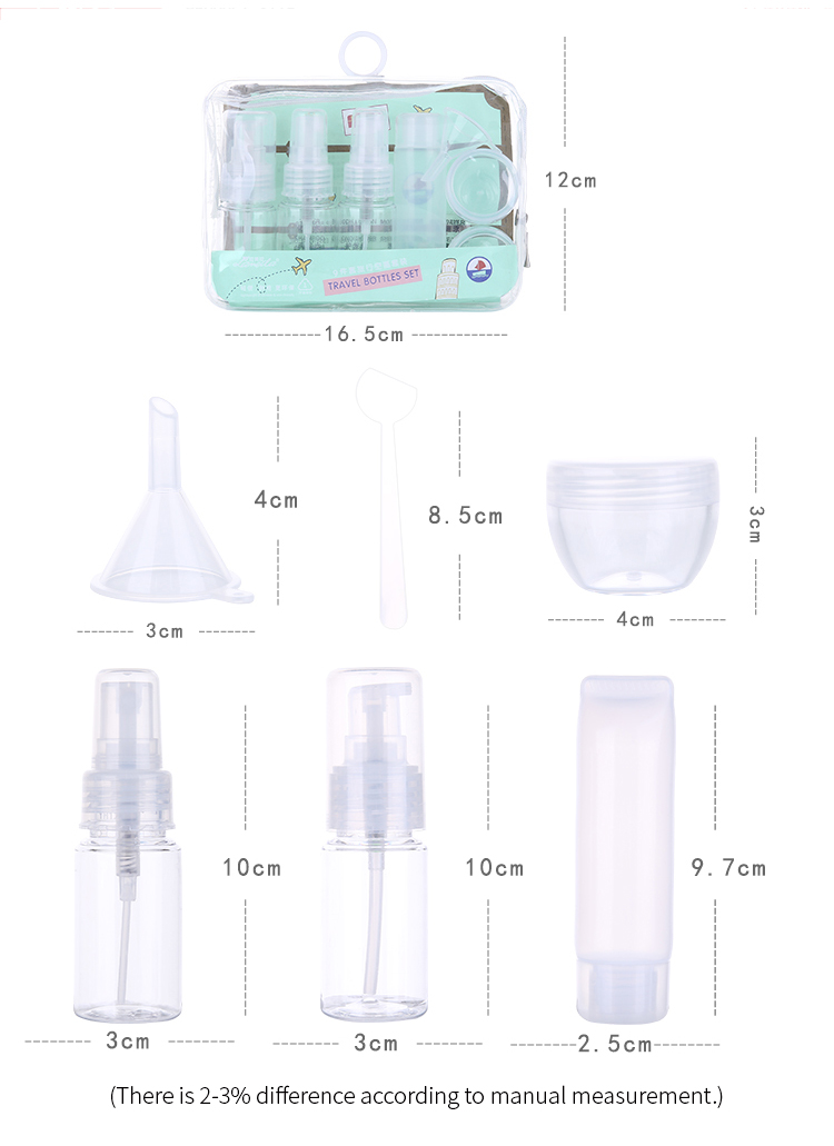 9 In 1 pet empty bottle packaging transparent travel plastic cosmetic bottles set