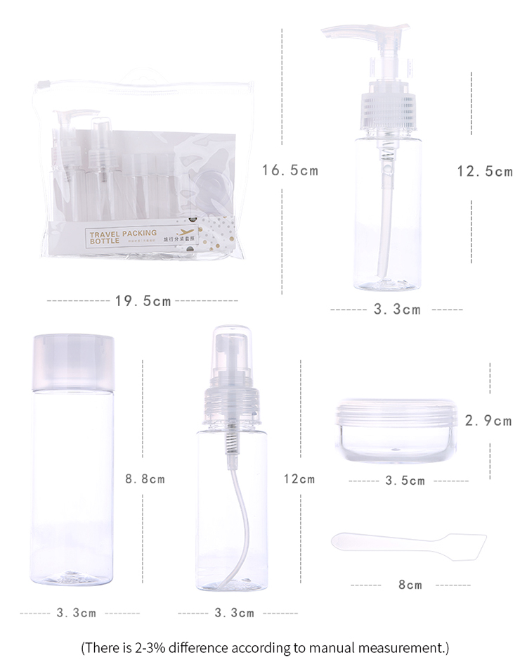 Custom Private Label Packaging Plastic Spray Bottles 7pcs Travel Cosmetic Bottle Set LM205