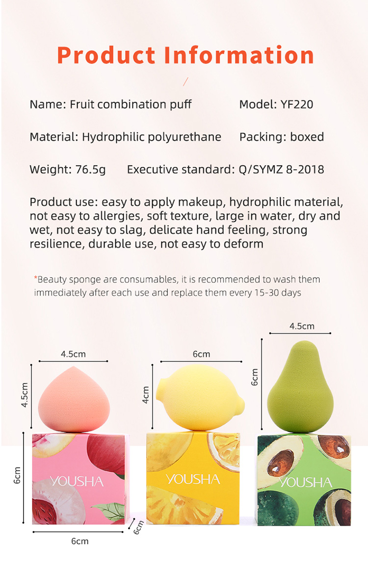 Yousha 3pcs Fruit Powder Puff Soft Natural Latex Free Beauty Makeup Egg Sponge Wet And Dry Dual-Use Makeup Sponge Set Yf220