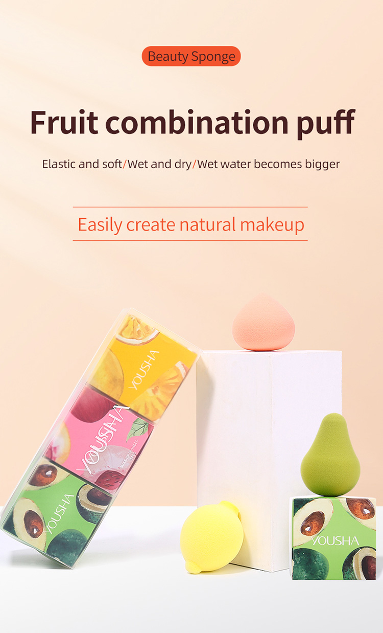 Yousha 3pcs Fruit Powder Puff Soft Natural Latex Free Beauty Makeup Egg Sponge Wet And Dry Dual-Use Makeup Sponge Set Yf220