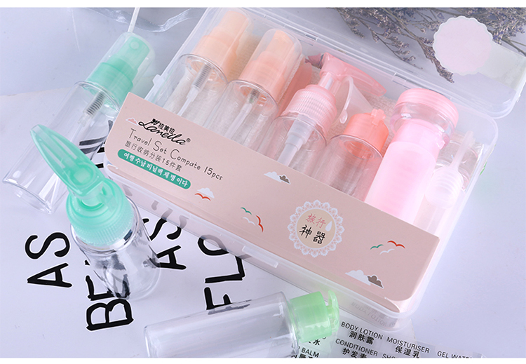 Lameila Cosmetic plastic bottle travel environmental protection kit bottle with facial cleaning puff 15 pieces in packLa1097