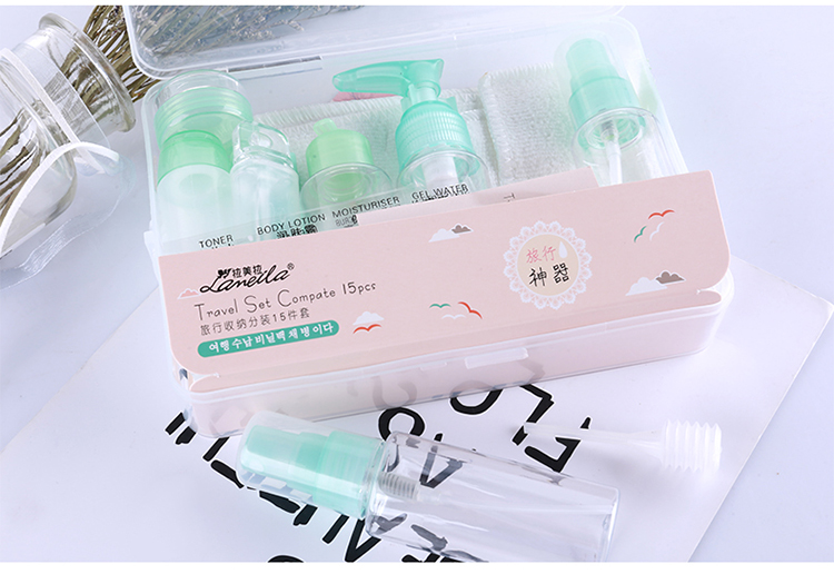 Lameila Cosmetic plastic bottle travel environmental protection kit bottle with facial cleaning puff 15 pieces in packLa1097