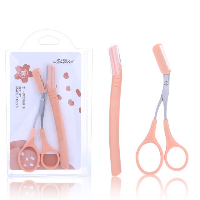 Lameila Eyebrow Razor Set 2 PCS Sharp Dermaplaning Eyebrow Trimming Kit Beauty Scissors With Mini Comb Orange Beauty Tools A966