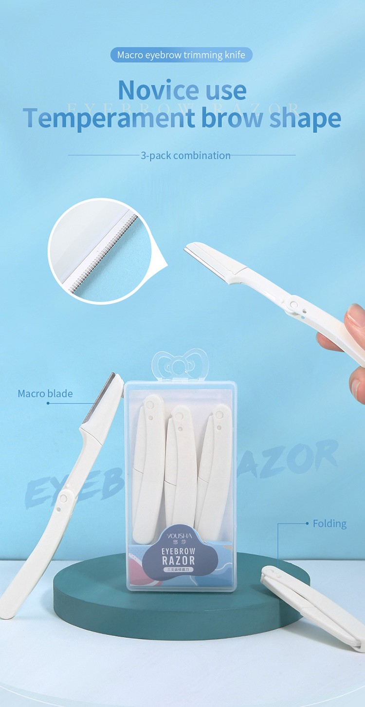 Yousha 3pcs Foldable Eyebrow Trimming Knife Protective Net Sharp Women Eyebrow Razor Safety White Eyebrow Shaver YX128