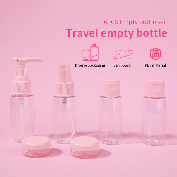 New Arrival Pink Lameila 6pcs Pet Travel Cosmetics Plastic Spray Lotion Bottles And Cream Jars Bottle Set