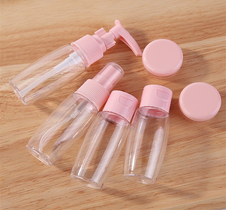 New Arrival Pink Lameila 6pcs Pet Travel Cosmetics Plastic Spray Lotion Bottles And Cream Jars Bottle Set