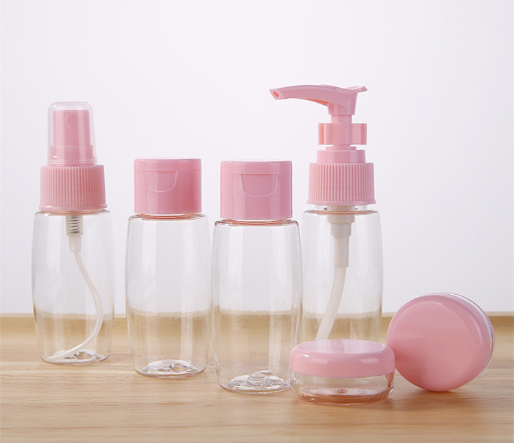 New Arrival Pink Lameila 6pcs Pet Travel Cosmetics Plastic Spray Lotion Bottles And Cream Jars Bottle Set