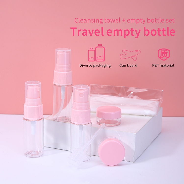 Hot Sale Eco-friendly Make Up Cosmetic Travel Bottle Kit 9pcs Lotion Spray Bottle Plastic Travel Set With Pink Lid MDL551