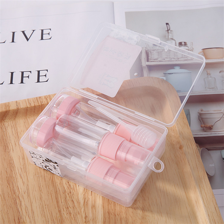 Hot Sale Eco-friendly Make Up Cosmetic Travel Bottle Kit 9pcs Lotion Spray Bottle Plastic Travel Set With Pink Lid MDL551