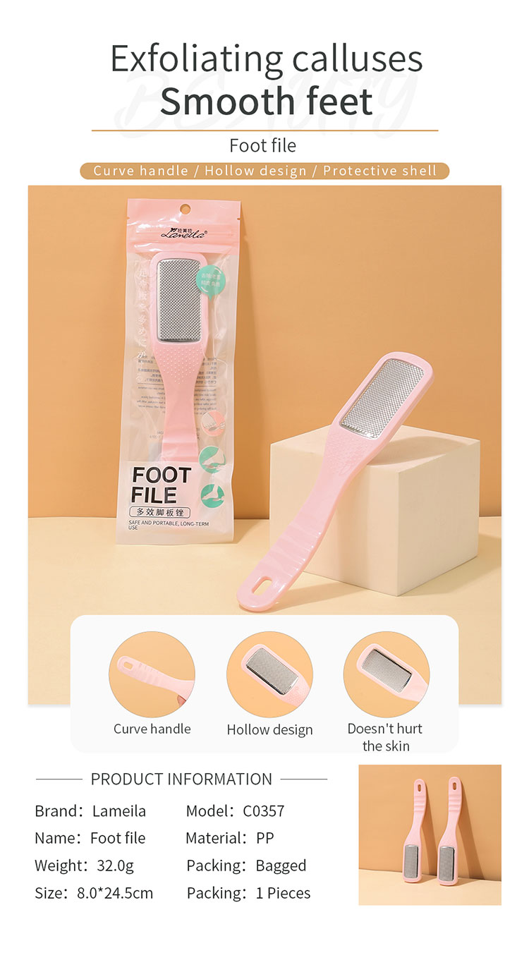 Lameila Pedicure Beauty Tools Curve Handle Foot File Callus Remover Tool Plastic Foot Care Tool Pink Private Label C0357