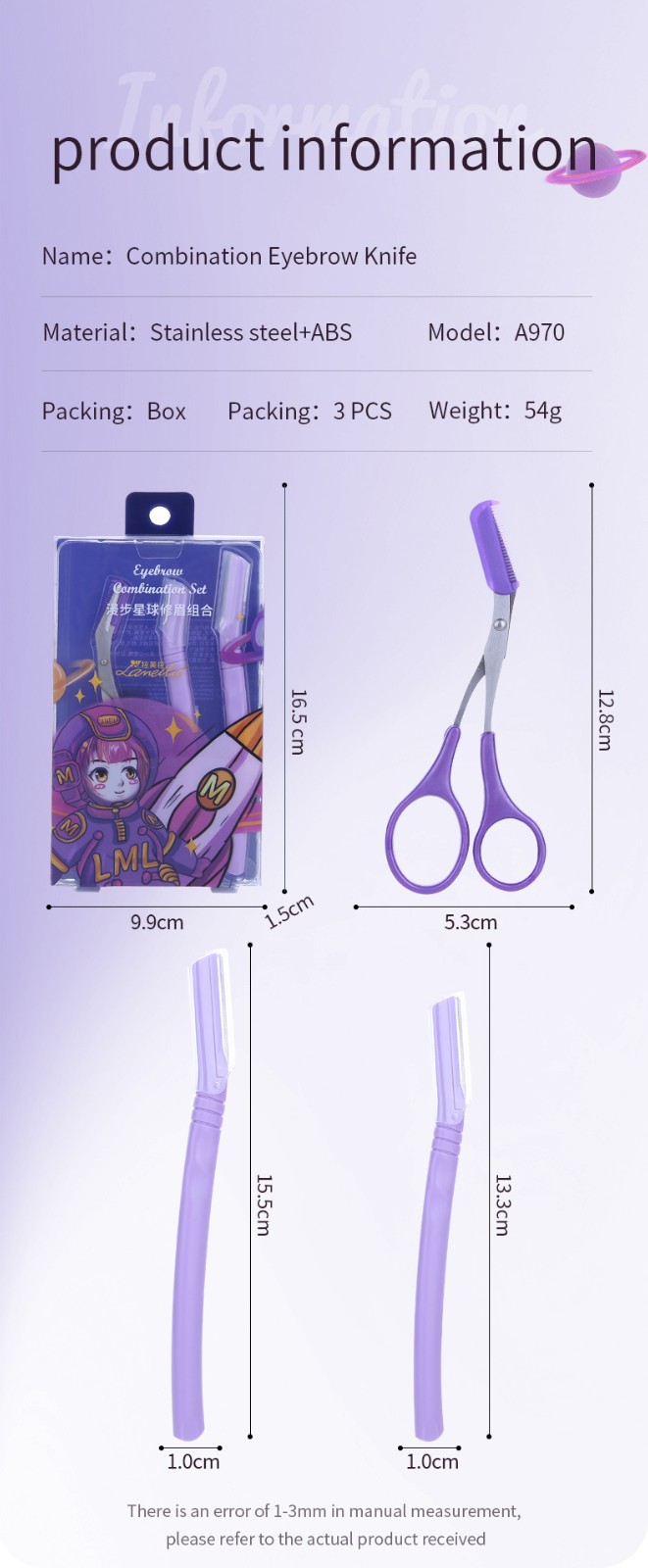 Lameila Newest Purple Color Eyebrow Razor Shaper Grooming Facial Hair Cutter 3 In 1 Eyebrow Trimmer Scissors With Comb A970