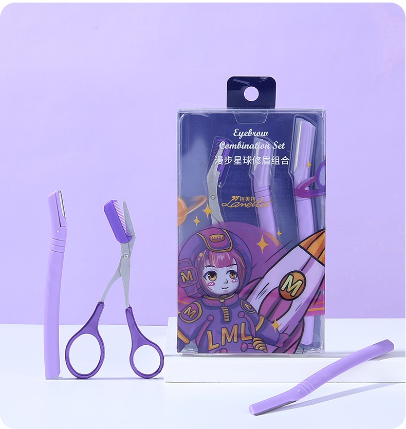 Lameila Newest Purple Color Eyebrow Razor Shaper Grooming Facial Hair Cutter 3 In 1 Eyebrow Trimmer Scissors With Comb A970
