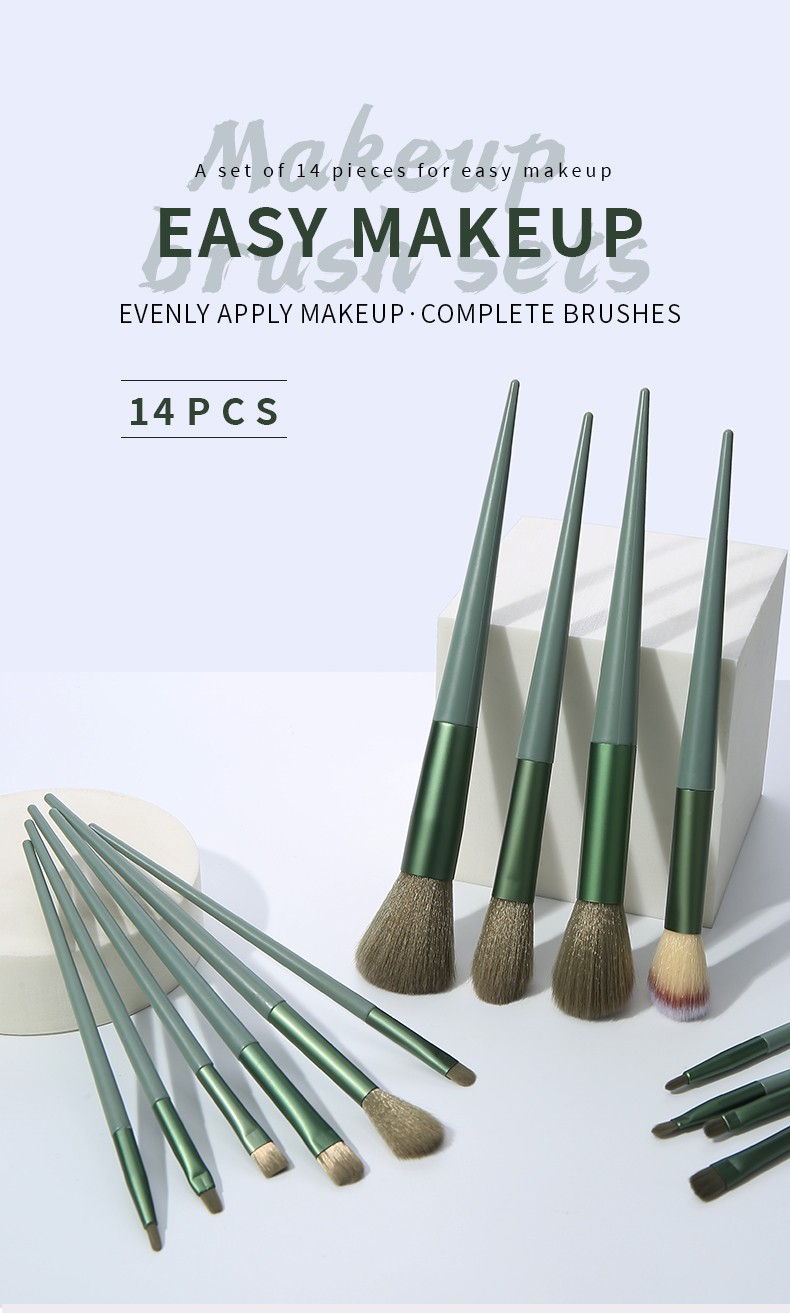 New Women Green Matte Aluminum Tube Professional Complete Brushes Makeup Set Cyan Handle Lady Kits 14pcs Soft Makeup Brush Set