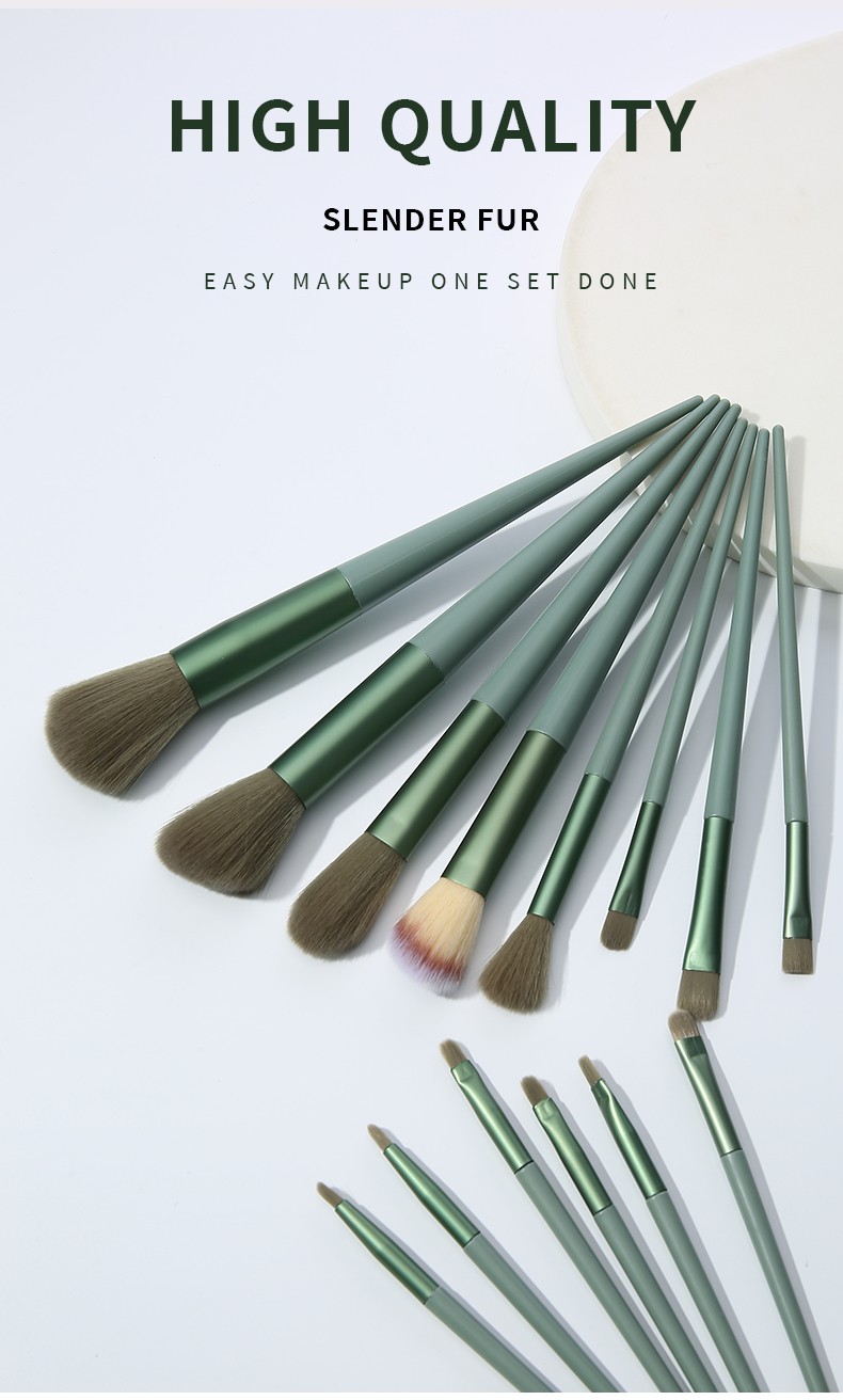 New Women Green Matte Aluminum Tube Professional Complete Brushes Makeup Set Cyan Handle Lady Kits 14pcs Soft Makeup Brush Set