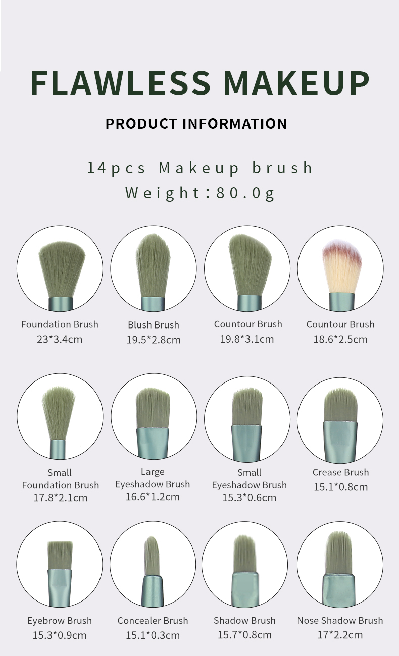 New Women Green Matte Aluminum Tube Professional Complete Brushes Makeup Set Cyan Handle Lady Kits 14pcs Soft Makeup Brush Set