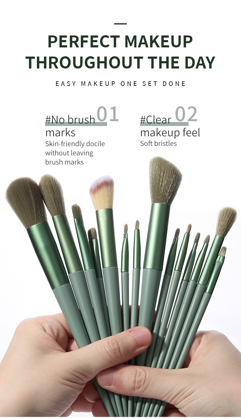 New Women Green Matte Aluminum Tube Professional Complete Brushes Makeup Set Cyan Handle Lady Kits 14pcs Soft Makeup Brush Set