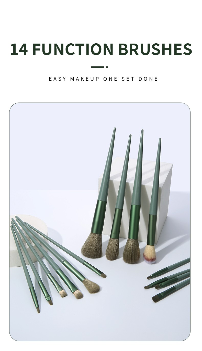 New Women Green Matte Aluminum Tube Professional Complete Brushes Makeup Set Cyan Handle Lady Kits 14pcs Soft Makeup Brush Set