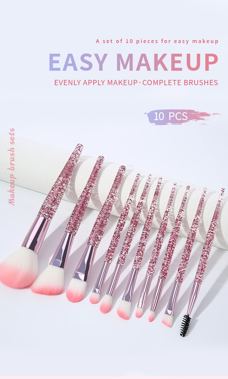 Fashion Design Style Pink Glitter Plastic Handle Woman Facial Cosmetic Brushes10pcs Makeup Brush Set Beauty Make Up Tools