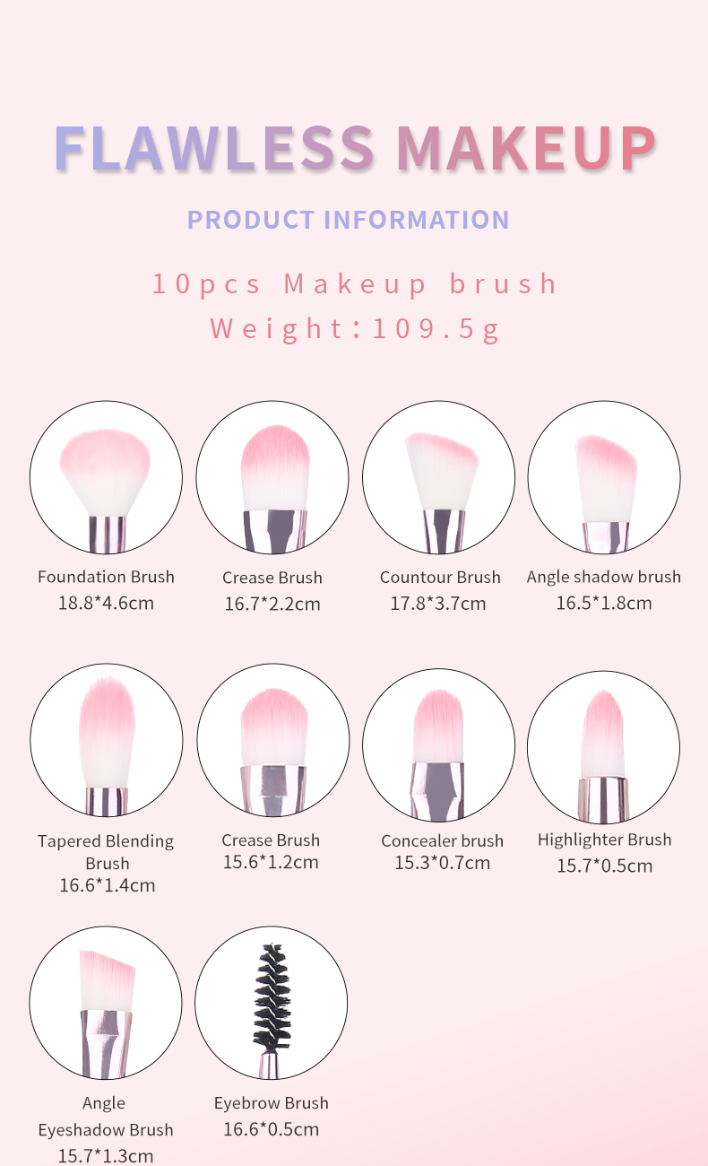 Fashion Design Style Pink Glitter Plastic Handle Woman Facial Cosmetic Brushes10pcs Makeup Brush Set Beauty Make Up Tools