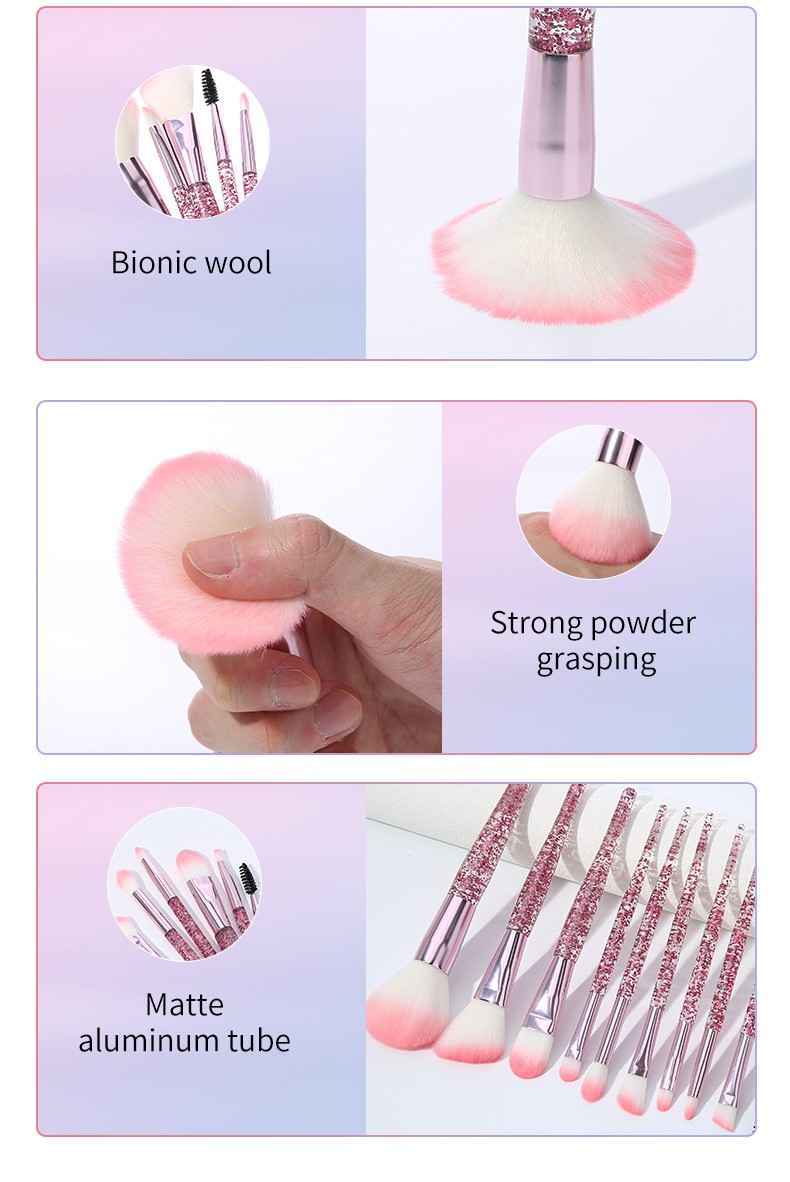 Fashion Design Style Pink Glitter Plastic Handle Woman Facial Cosmetic Brushes10pcs Makeup Brush Set Beauty Make Up Tools