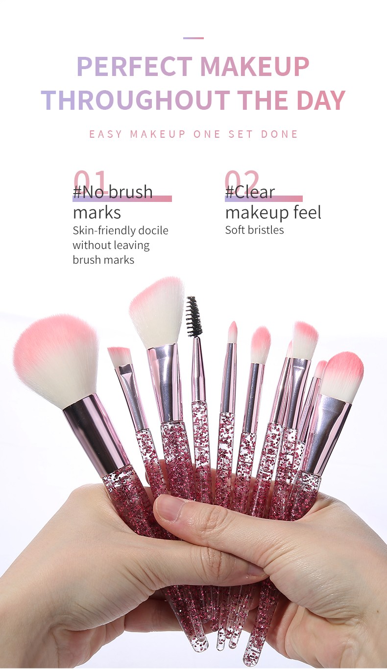 Fashion Design Style Pink Glitter Plastic Handle Woman Facial Cosmetic Brushes10pcs Makeup Brush Set Beauty Make Up Tools