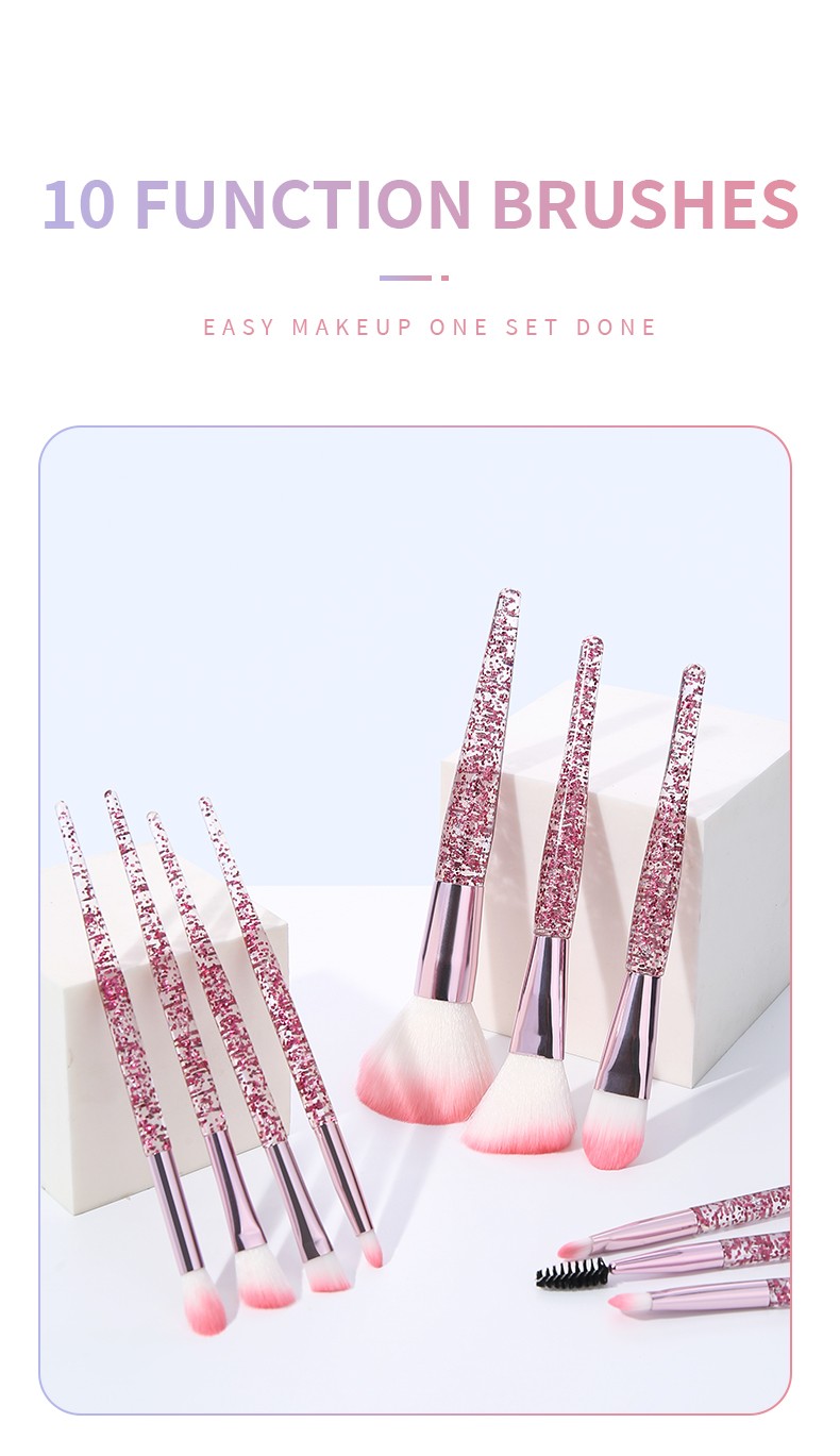 Fashion Design Style Pink Glitter Plastic Handle Woman Facial Cosmetic Brushes10pcs Makeup Brush Set Beauty Make Up Tools