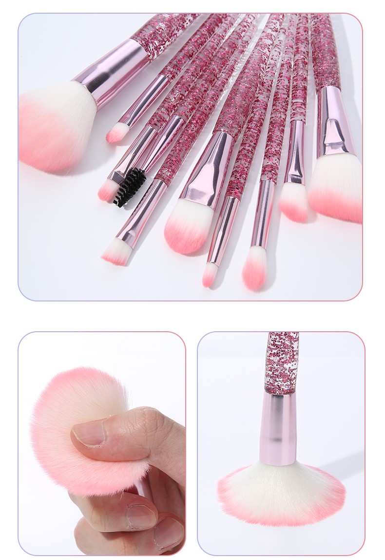 Fashion Design Style Pink Glitter Plastic Handle Woman Facial Cosmetic Brushes10pcs Makeup Brush Set Beauty Make Up Tools