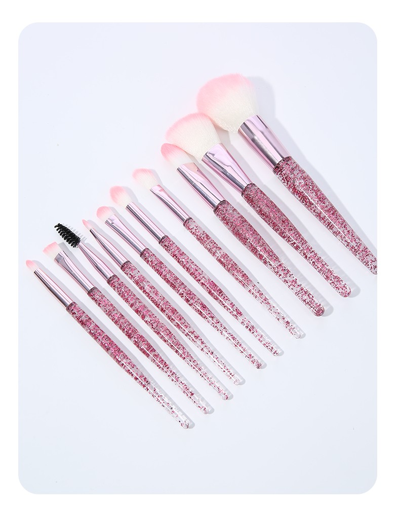 Fashion Design Style Pink Glitter Plastic Handle Woman Facial Cosmetic Brushes10pcs Makeup Brush Set Beauty Make Up Tools