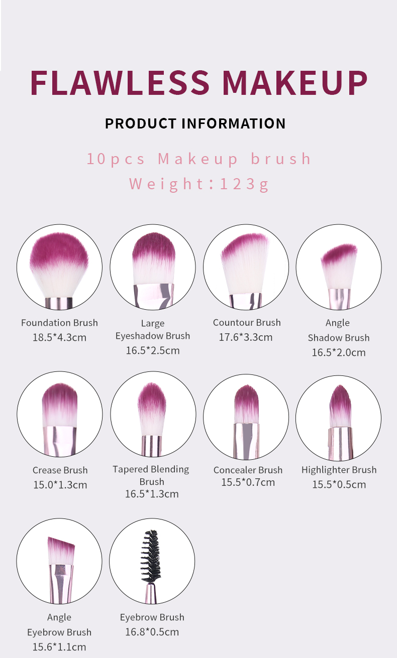 New Style So Beauty Purple Glitter Transparent Handle White Purple Soft Hair Brush 10pcs Lady Makeup Brush Kits Makeup Brush Set