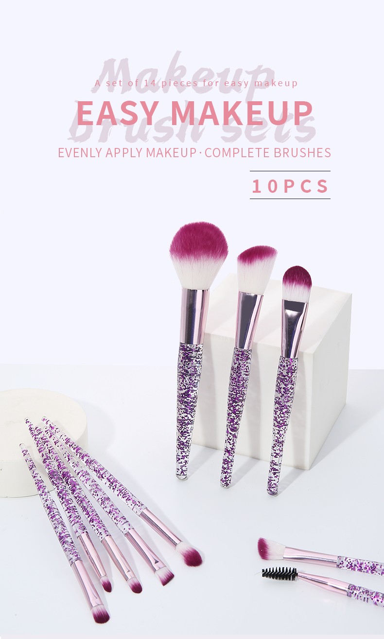 New Style So Beauty Purple Glitter Transparent Handle White Purple Soft Hair Brush 10pcs Lady Makeup Brush Kits Makeup Brush Set