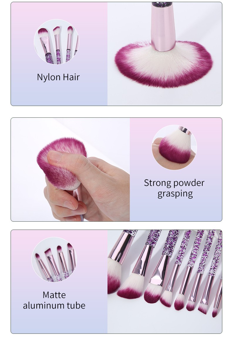 New Style So Beauty Purple Glitter Transparent Handle White Purple Soft Hair Brush 10pcs Lady Makeup Brush Kits Makeup Brush Set