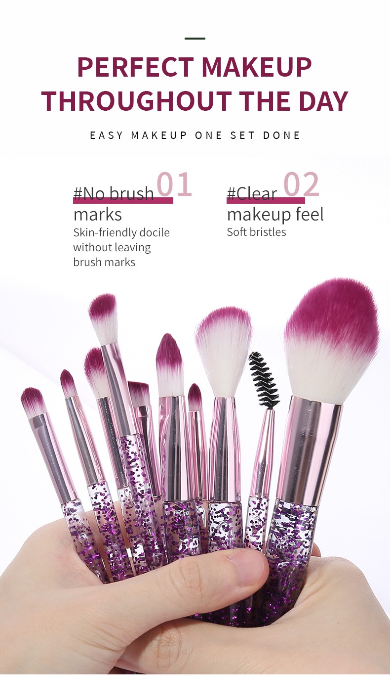 New Style So Beauty Purple Glitter Transparent Handle White Purple Soft Hair Brush 10pcs Lady Makeup Brush Kits Makeup Brush Set