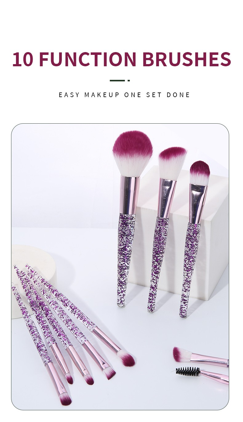 New Style So Beauty Purple Glitter Transparent Handle White Purple Soft Hair Brush 10pcs Lady Makeup Brush Kits Makeup Brush Set