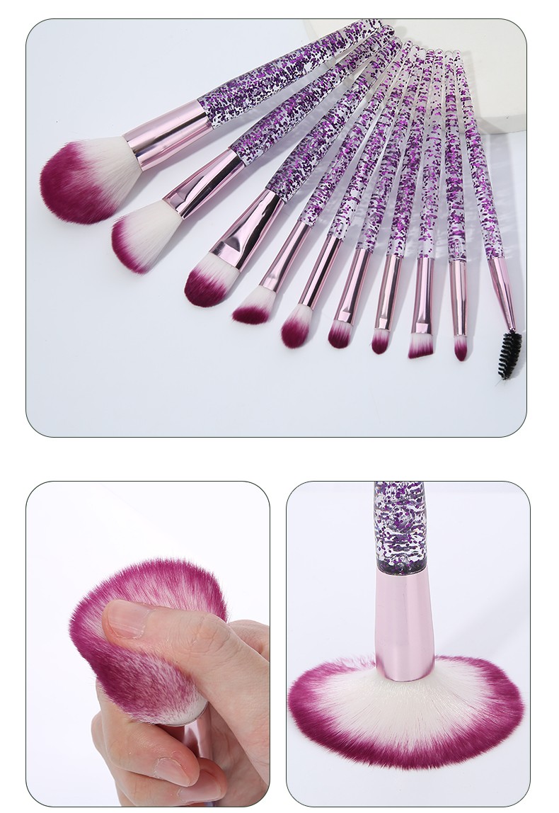 New Style So Beauty Purple Glitter Transparent Handle White Purple Soft Hair Brush 10pcs Lady Makeup Brush Kits Makeup Brush Set