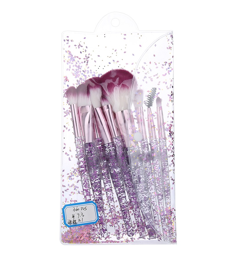 New Style So Beauty Purple Glitter Transparent Handle White Purple Soft Hair Brush 10pcs Lady Makeup Brush Kits Makeup Brush Set