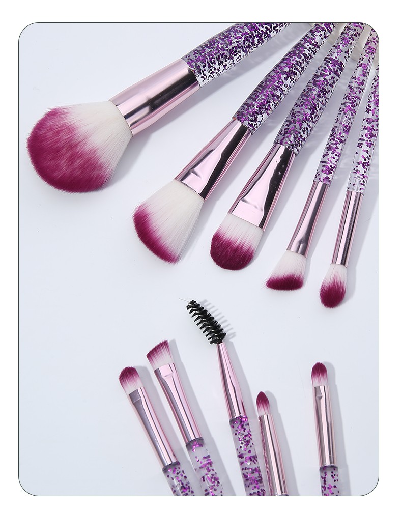 New Style So Beauty Purple Glitter Transparent Handle White Purple Soft Hair Brush 10pcs Lady Makeup Brush Kits Makeup Brush Set