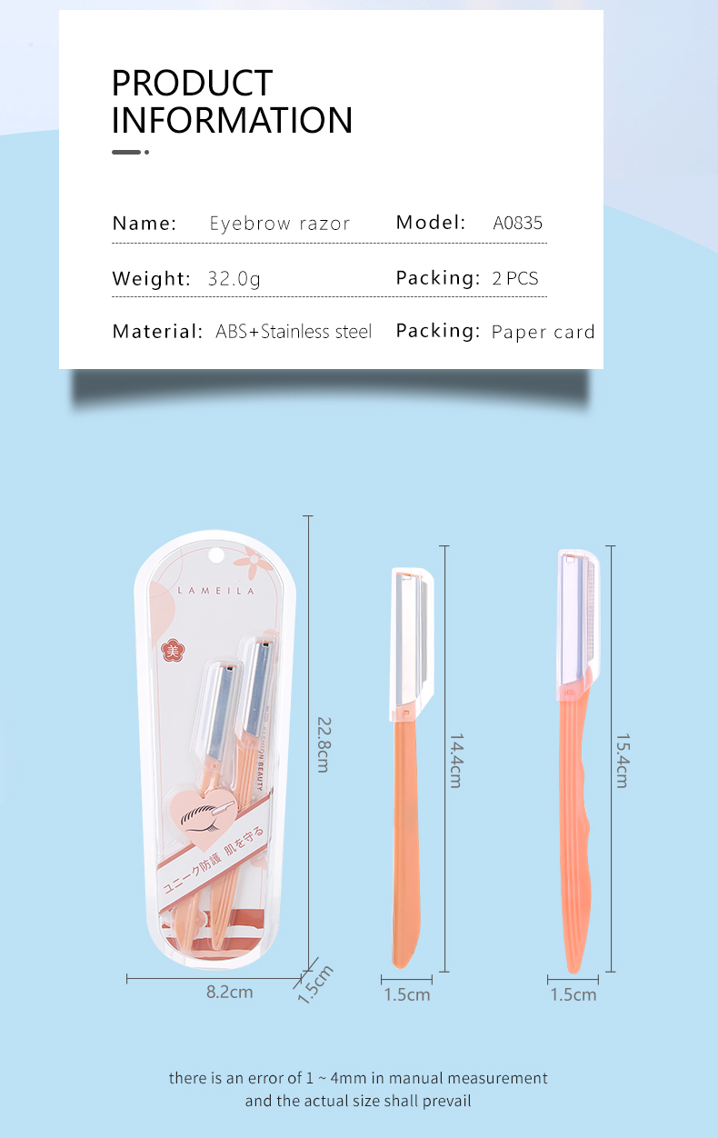 Lameila High Quality Stainless Steel Eyebrow Razor Shaper Private Label Brow Razor Eyebrow Trimmer With Safety Cover A0835