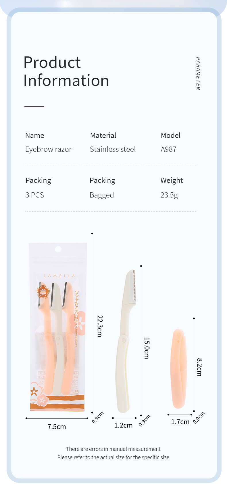 Lameila Wholesale Makeup Tools Female Eyebrows Razor Shaper Kits 3pcs Stainless Steel Eyebrow Trimmer Set For Woman A987