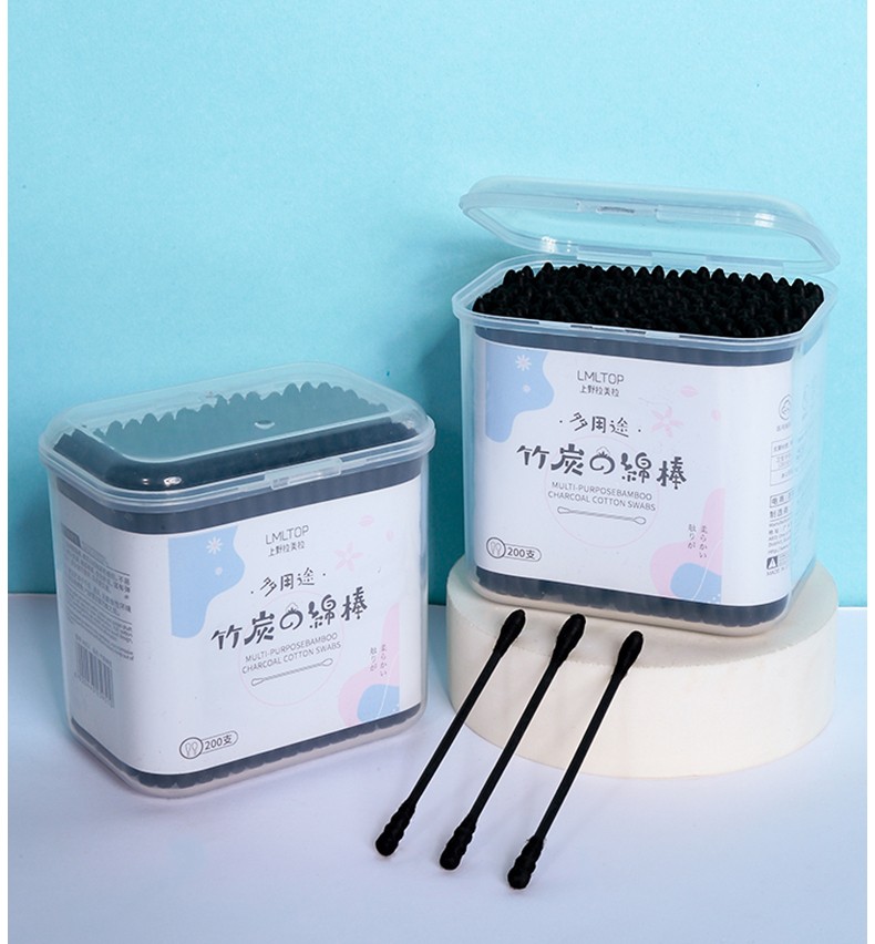 Lameila Bamboo charcoal paper shaft spiral round head cotton swabs 200 non-woven nursing swabs disposable ear cleaning sticks A653