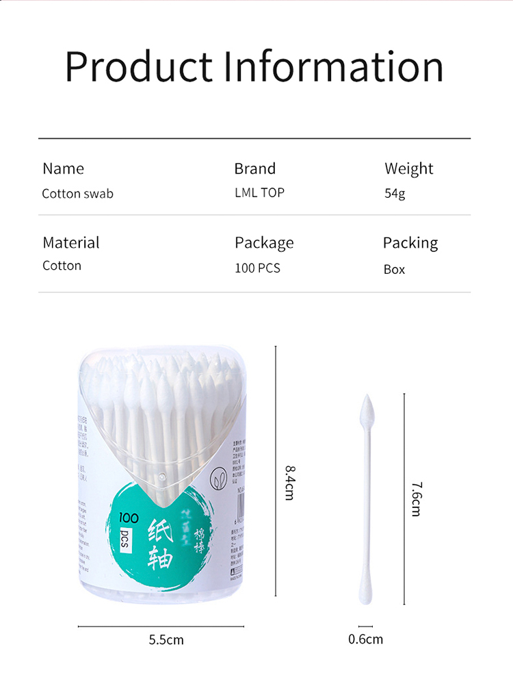 LMLTOP 100pcs Pointed Head Ear Cotton Swabs Eco Friendly Round Double head Soft Cotton Buds Paper Stick Cotton Buds A654