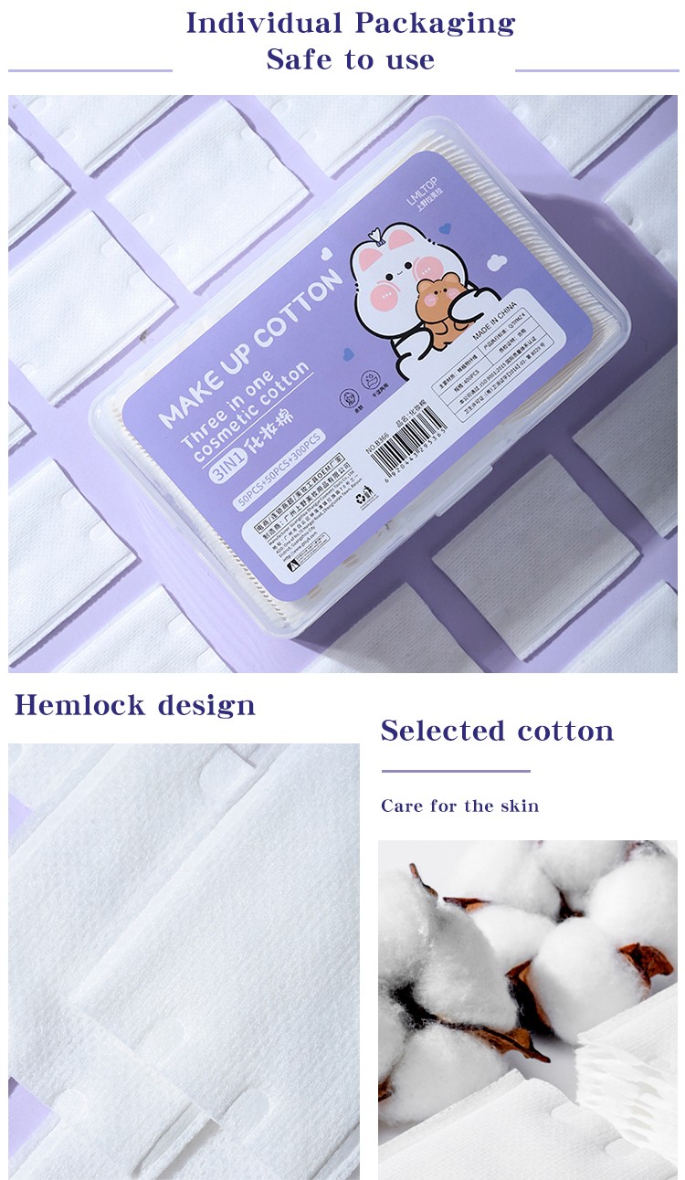 LMLTOP 3 In 1 Square 400pcs Cosmetic Cotton Pad Thick Makeup Remover Cotton High Quality Thin Cotton Pads For Face B366