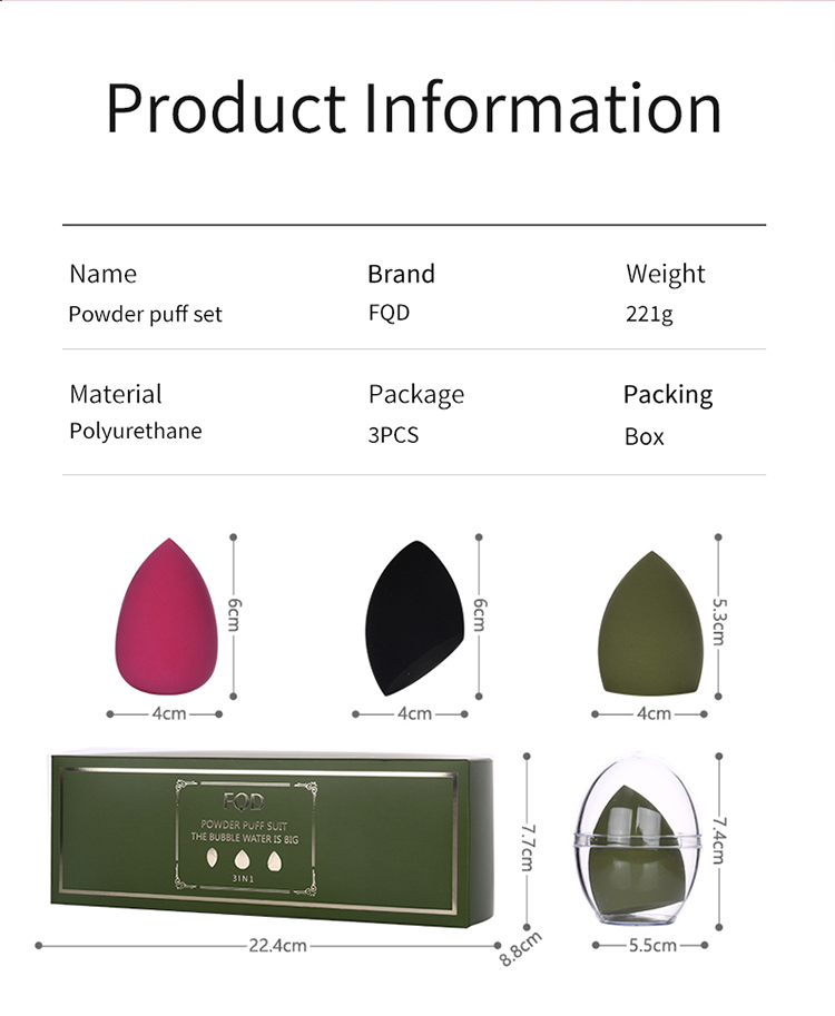 LMLTOP OEM 3pcs Powder Puff With Holder Makeup Sponge Packaging Box Gift Green Red Black Box Packaging Customizable Logo FQD005