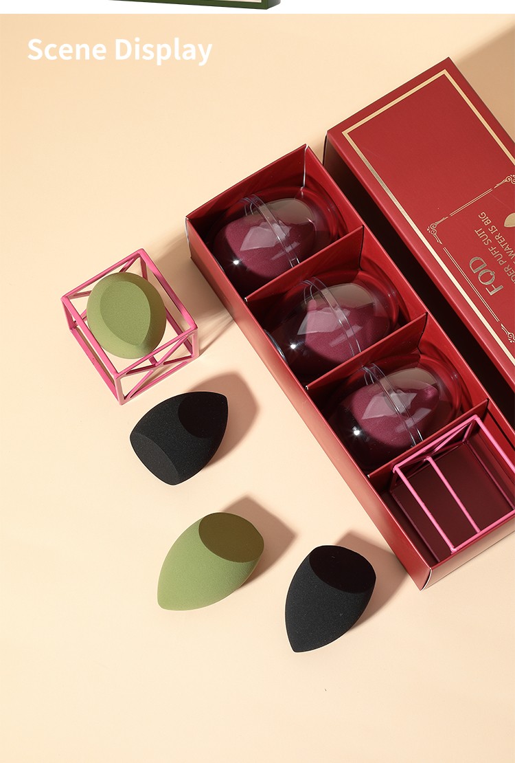 LMLTOP OEM 3pcs Powder Puff With Holder Makeup Sponge Packaging Box Gift Green Red Black Box Packaging Customizable Logo FQD005