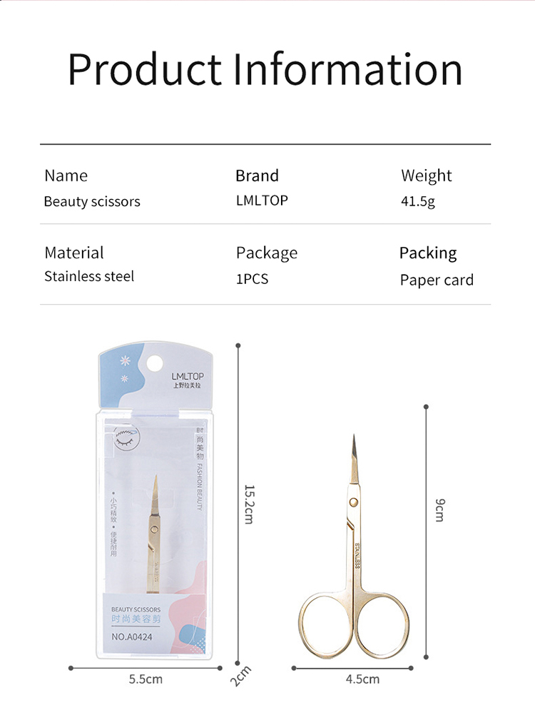 LMLTOP Cosmetic Tool 1pcs Gold Stainless Steel Hair Removal Eyebrow Scissors Private Label Multi-function Point Head A0424