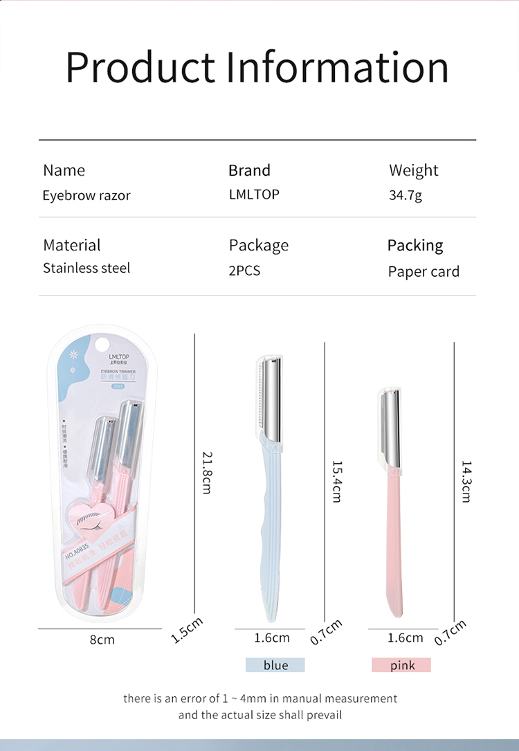 LMLTOP 2pcs Stainless Steel Blade Eyebrow Trimmer Long Handle Eyebrow Razor And Facial Razor Private Label A0835